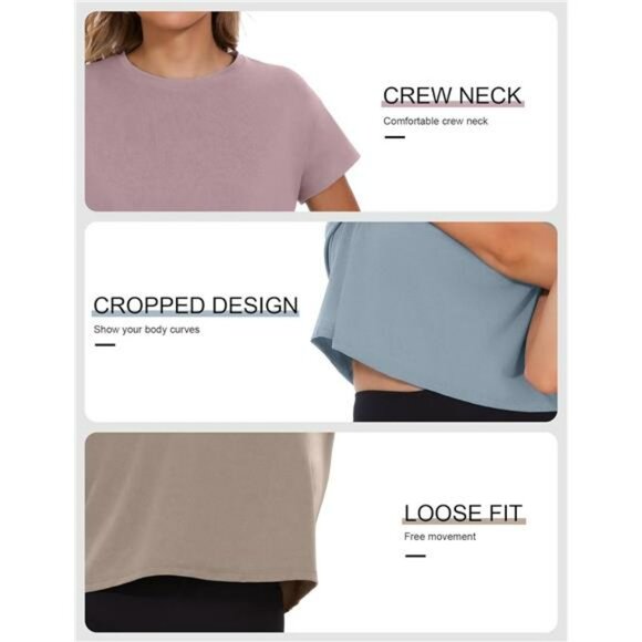 Womens Crop Top Short Sleeve Workout Shirts Gym Yoga Running Loose Fit Tees - Picture 4 of 7